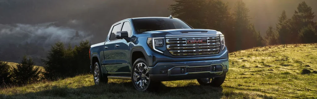 The image shows a GMC Sierra 1500 Denali pickup truck parked in a scenic outdoor setting. The vehicle is positioned on grassy terrain, with a backdrop of trees and a soft, foggy atmosphere.