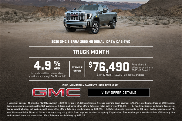 TRUCK MONTH

4.9% APR for well-qualified buyers when you finance through GM Financial.1

Plus,

E...